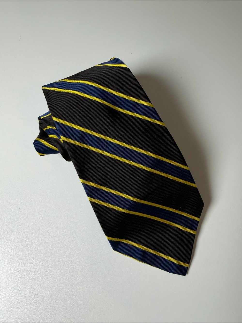 Vintage Brooks Brothers Woven in England Black Tie with Navy and Yellow Stripes